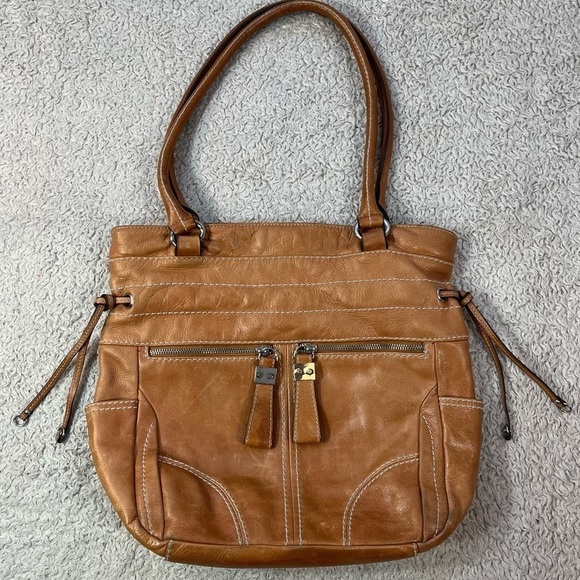 Tignanello Carmel Genuine Leather Hobo Bag 3 Front Zippered Pockets Big Interior - Picture 1 of 16